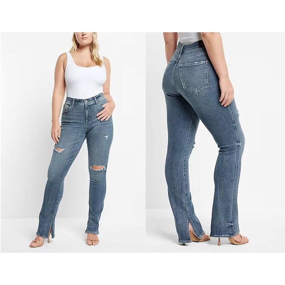 Express Mid Rise Medium Wash Ripped Skyscraper Jeans 14P